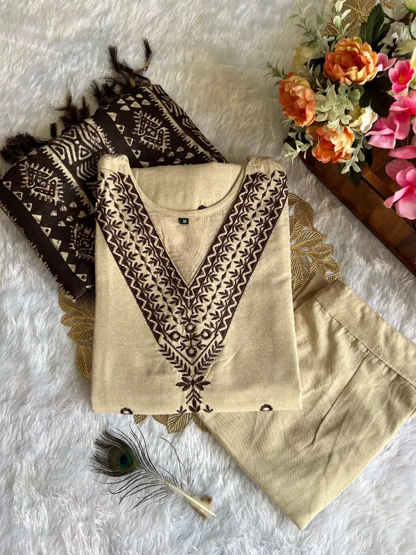 Classic_Beige_Khadi_Cotton_Kurta_Set_With_Printed_Khadi_Silk_Dupatta_For_Women