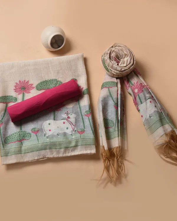 Ivory-Pink_Lotus_Bloom_Muga_Cotton_Suit_Set