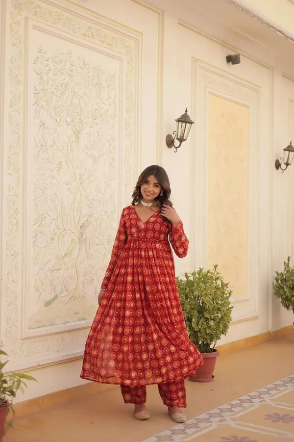 Orange__Foil_print_flared_kurta_pant