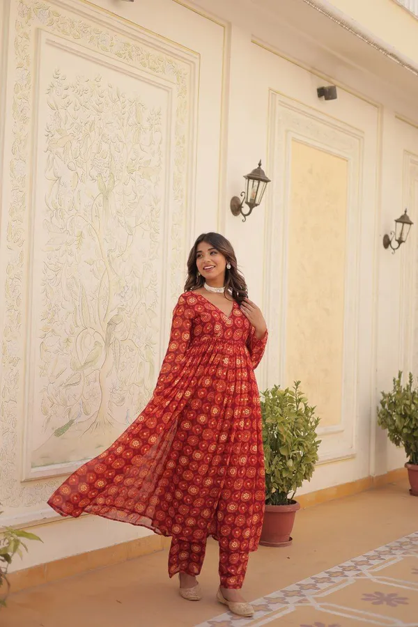 Orange__Foil_print_flared_kurta_pant