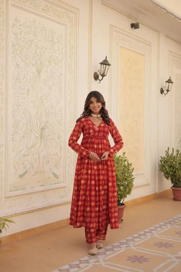 Orange__Foil_print_flared_kurta_pant