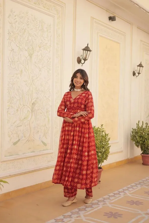 Orange__Foil_print_flared_kurta_pant