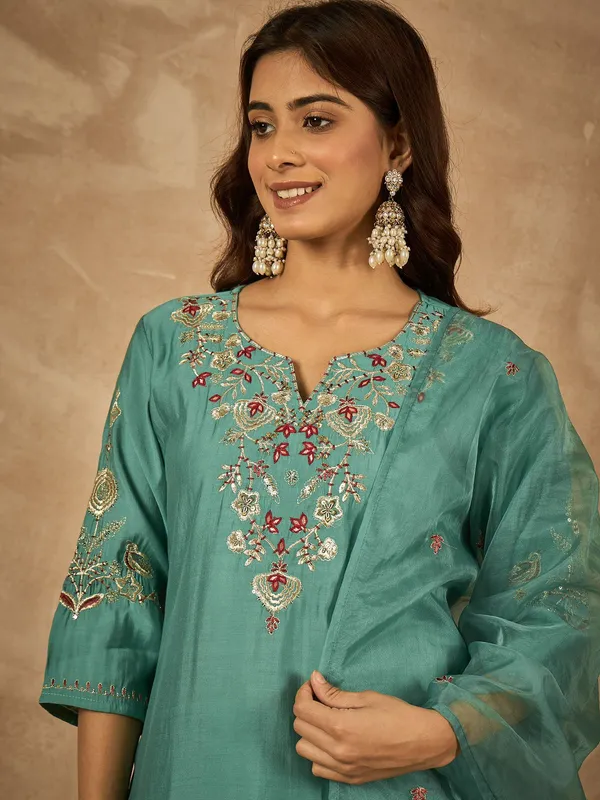 Teal_Chanderi_Embroidered_Kurta_Set_with_Organza_Dupatta