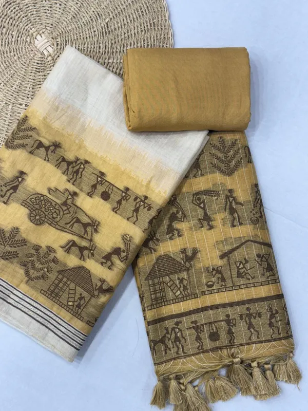 Mustard_&_Brown_Warli_Weave_Muga_Cotton_Unstitched_Salwar_Suit