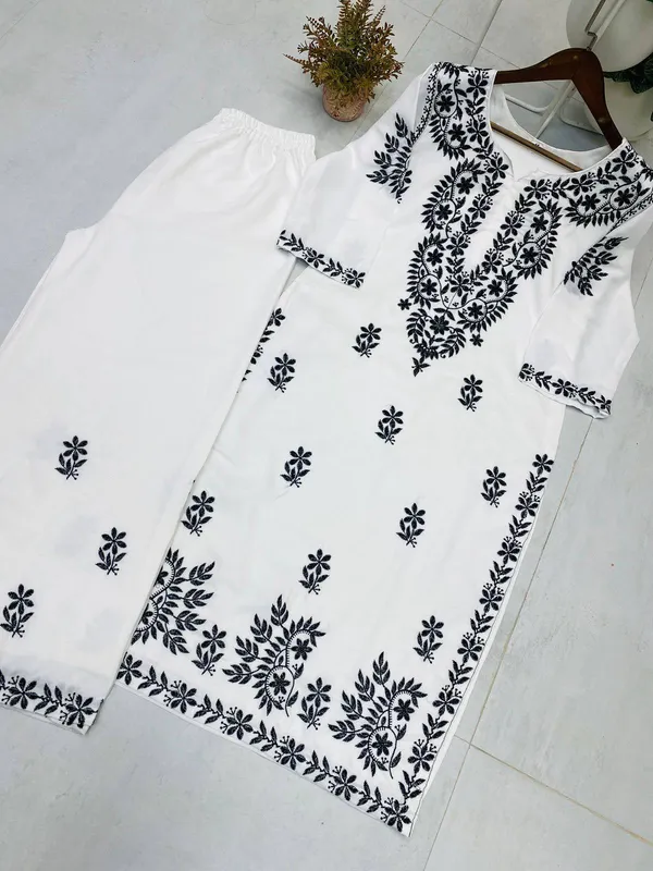 White_&_Black_Designer_Maslin_Embroidered_Kurta_Plazzo_Set