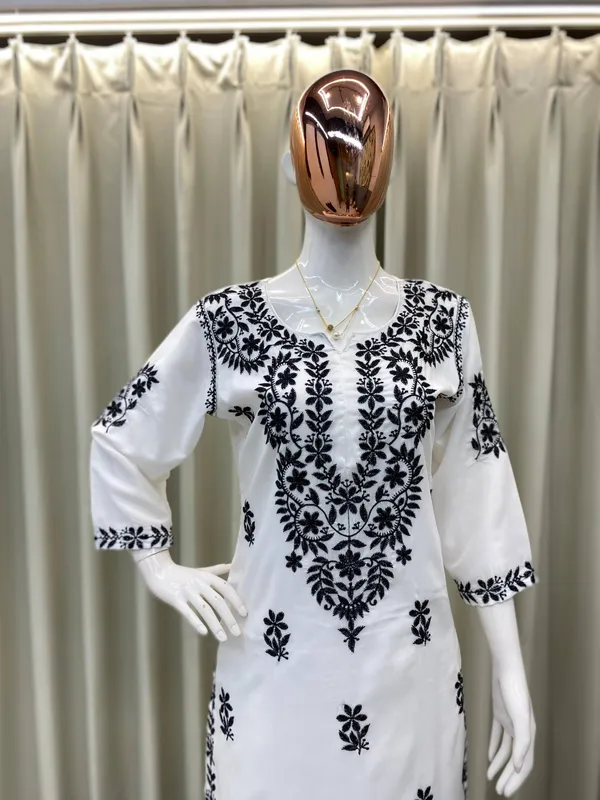 White_&_Black_Designer_Maslin_Embroidered_Kurta_Plazzo_Set