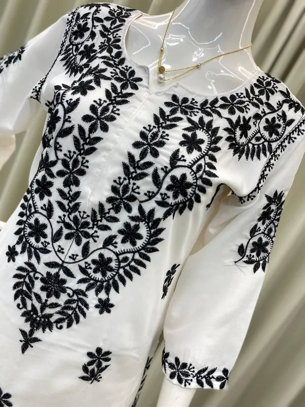 White_&_Black_Designer_Maslin_Embroidered_Kurta_Plazzo_Set