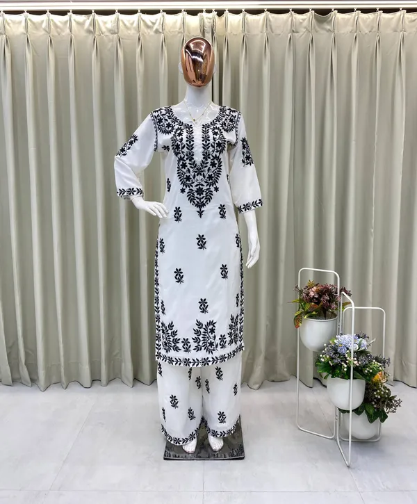 White_&_Black_Designer_Maslin_Embroidered_Kurta_Plazzo_Set