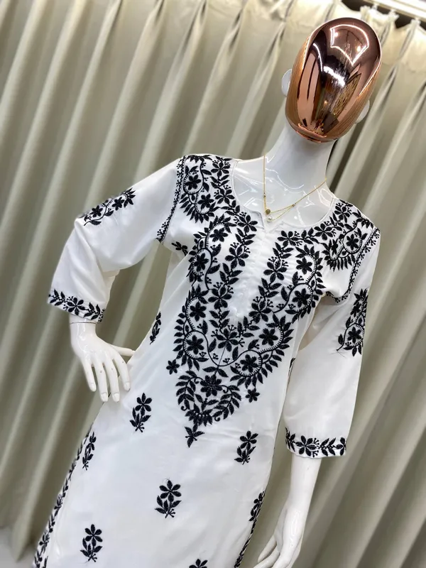 White_&_Black_Designer_Maslin_Embroidered_Kurta_Plazzo_Set