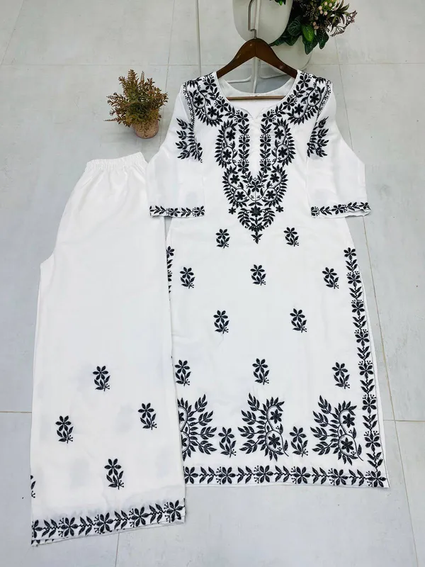 White_&_Black_Designer_Maslin_Embroidered_Kurta_Plazzo_Set