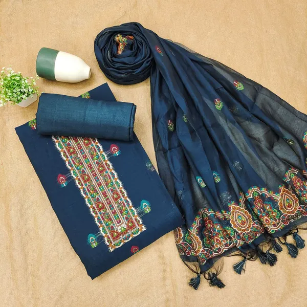 Deep_Teal_Blue_Pashmina_Weave_Muga_Cotton_Suit_Set