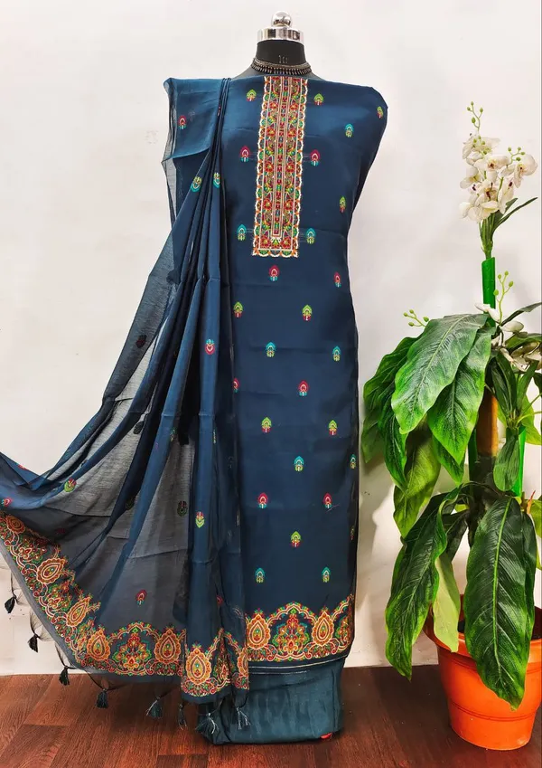 Deep_Teal_Blue_Pashmina_Weave_Muga_Cotton_Suit_Set
