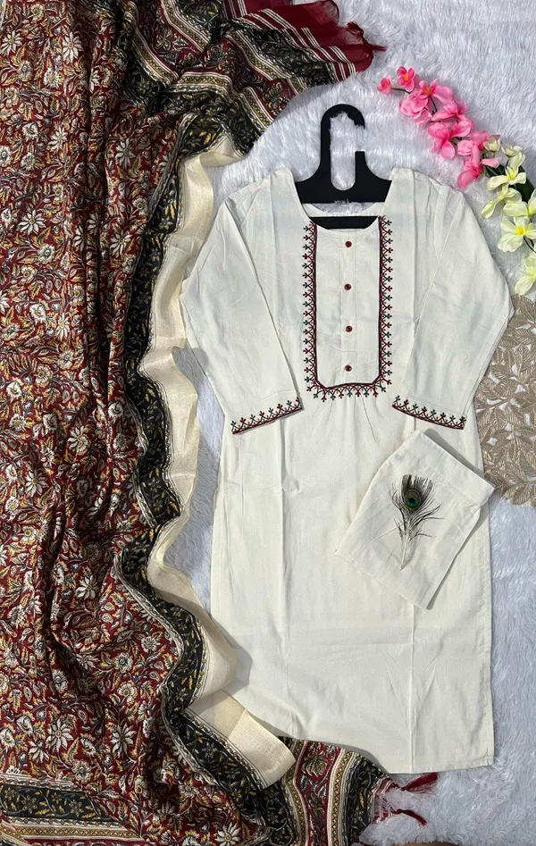 Ivory_Khadi_Cotton_Kurta_Set_With_Ethnic_Printed_Khadi_Dupatta_For_Women