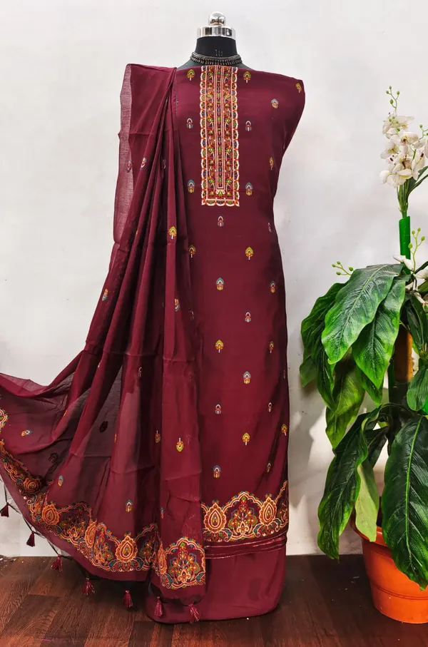 Wine_Red_Pashmina_Weave_Muga_Cotton_Suit_Set