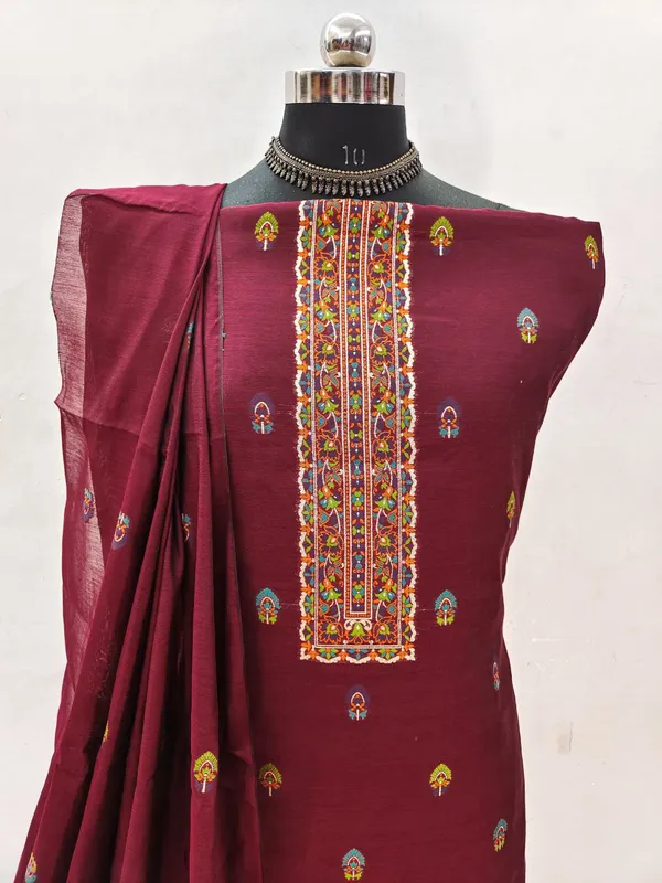 Wine_Red_Pashmina_Weave_Muga_Cotton_Suit_Set