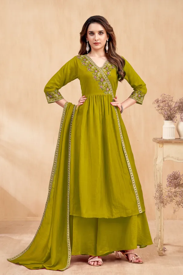 Angrakha_style_Kurta_with_Dupatta_and_Trouser,with_Coding_Embroidery_Work