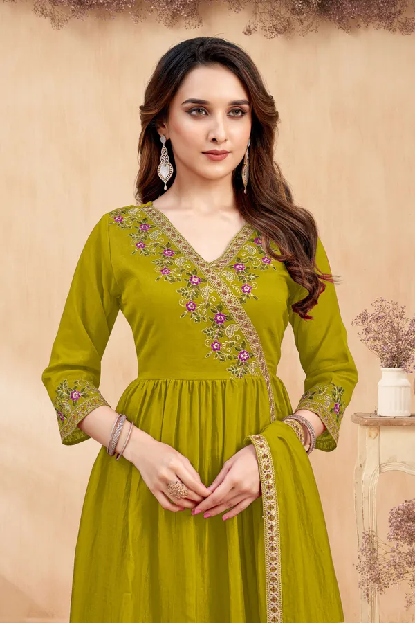 Angrakha_style_Kurta_with_Dupatta_and_Trouser,with_Coding_Embroidery_Work