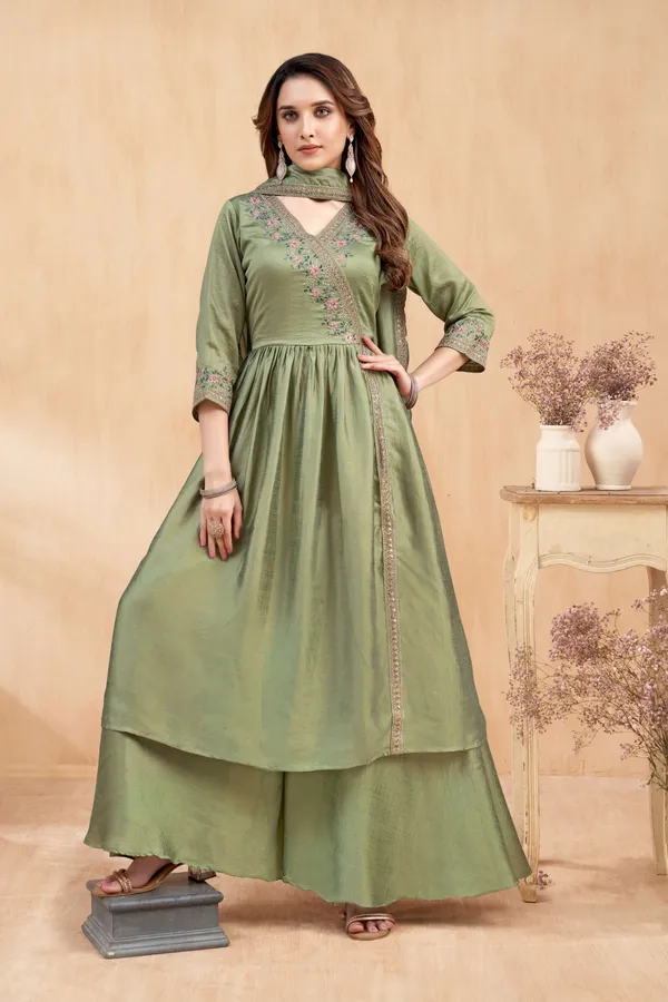 Angrakha_style_Kurta_with_Dupatta_and_Trouser,with_Coding_Embroidery_Work