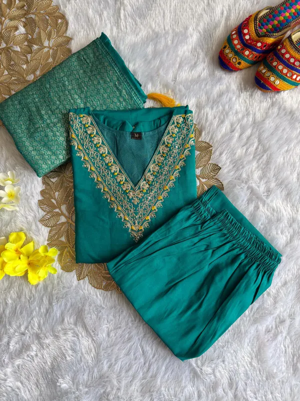 Teal_Roman_Silk_Kurti_Set_With_Cotton_Silk_Dupatta_For_Women