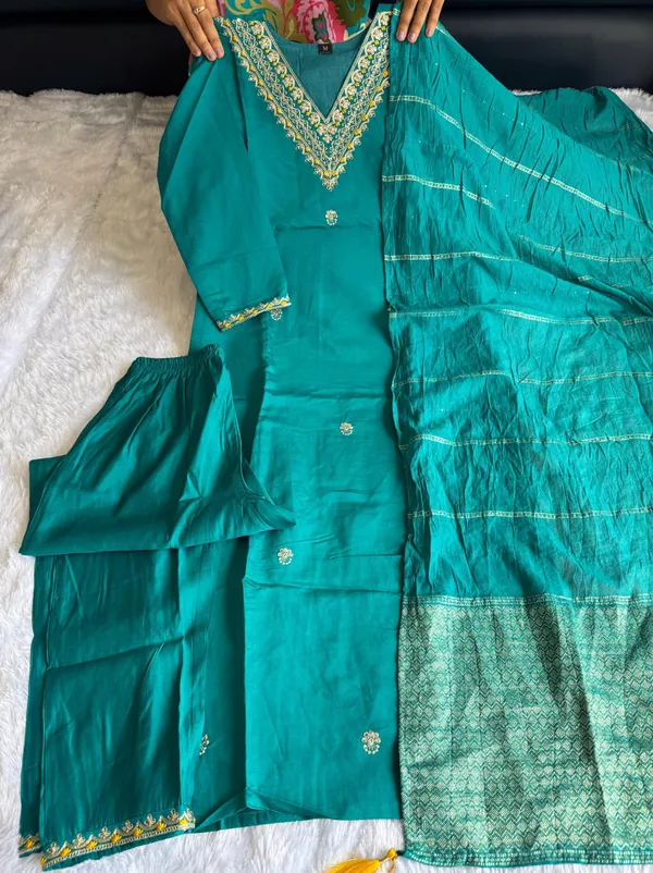 Teal_Roman_Silk_Kurti_Set_With_Cotton_Silk_Dupatta_For_Women