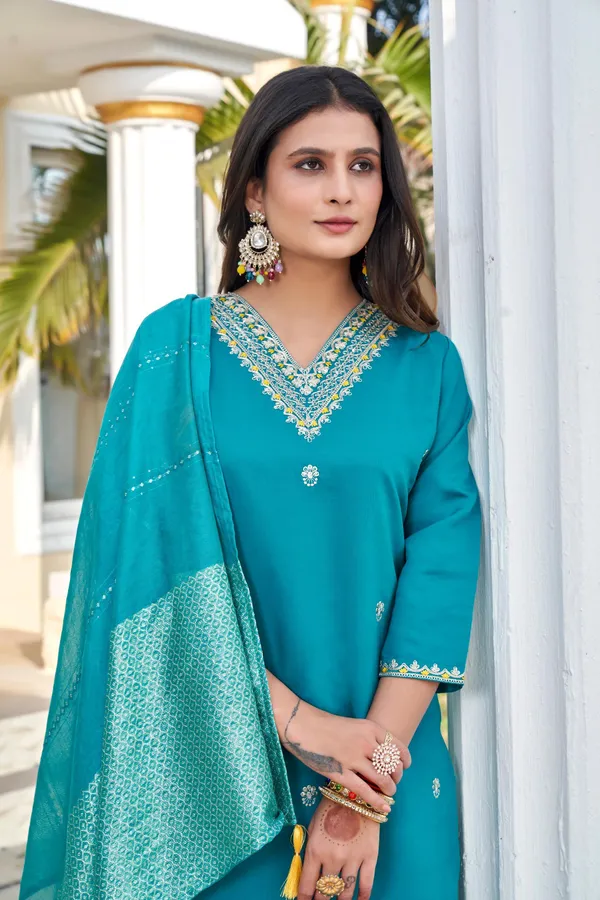 Teal_Roman_Silk_Kurti_Set_With_Cotton_Silk_Dupatta_For_Women