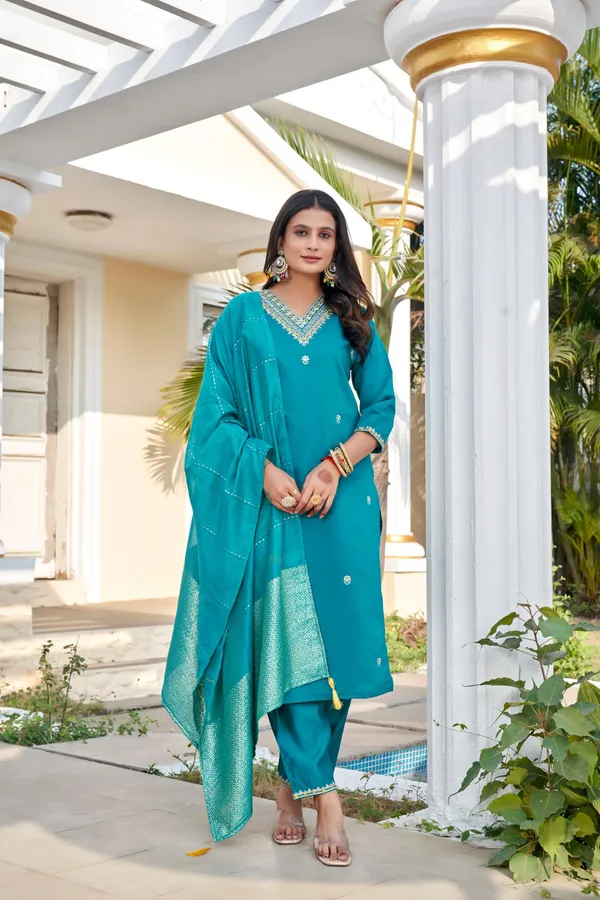 Teal_Roman_Silk_Kurti_Set_With_Cotton_Silk_Dupatta_For_Women