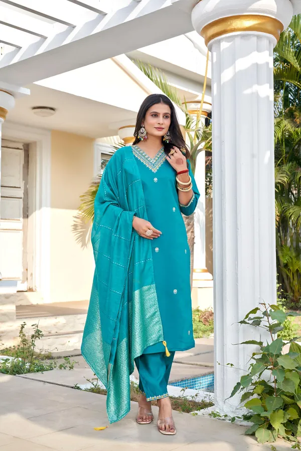 Teal_Roman_Silk_Kurti_Set_With_Cotton_Silk_Dupatta_For_Women