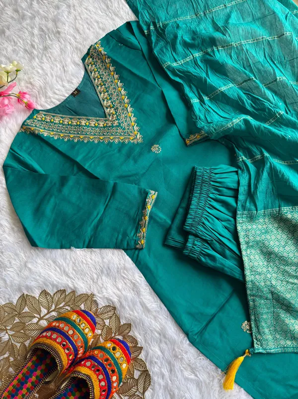 Teal_Roman_Silk_Kurti_Set_With_Cotton_Silk_Dupatta_For_Women