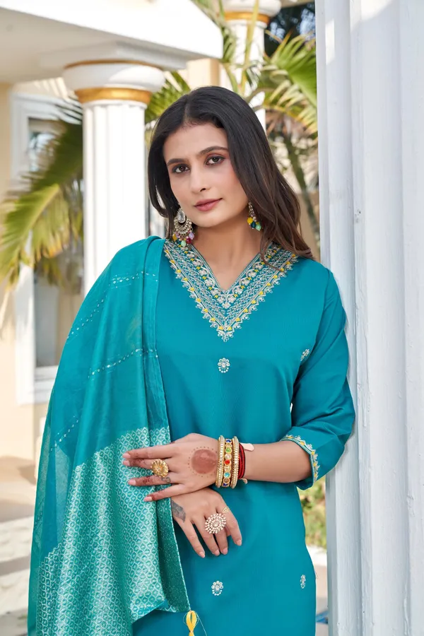 Teal_Roman_Silk_Kurti_Set_With_Cotton_Silk_Dupatta_For_Women