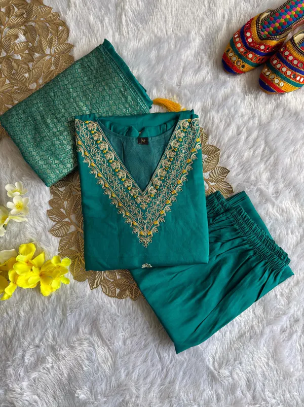 Teal_Roman_Silk_Kurti_Set_With_Cotton_Silk_Dupatta_For_Women