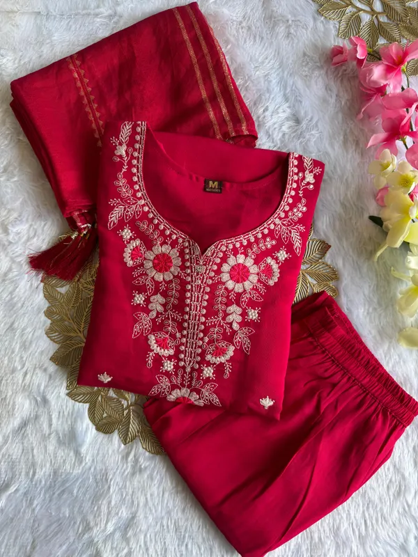 Hot_Pink_Roman_Silk_Embroidered_Kurti_Set_With_Cotton_Silk_Dupatta_For_Women