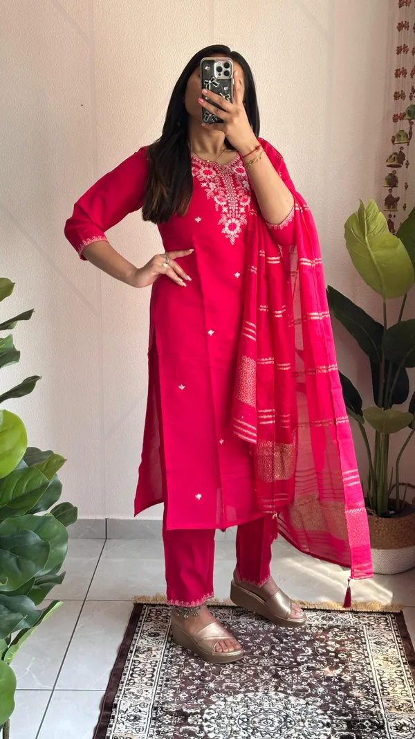 Hot_Pink_Roman_Silk_Embroidered_Kurti_Set_With_Cotton_Silk_Dupatta_For_Women
