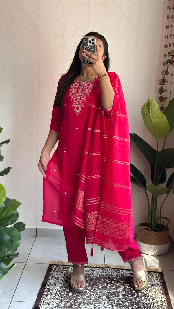 Hot_Pink_Roman_Silk_Embroidered_Kurti_Set_With_Cotton_Silk_Dupatta_For_Women