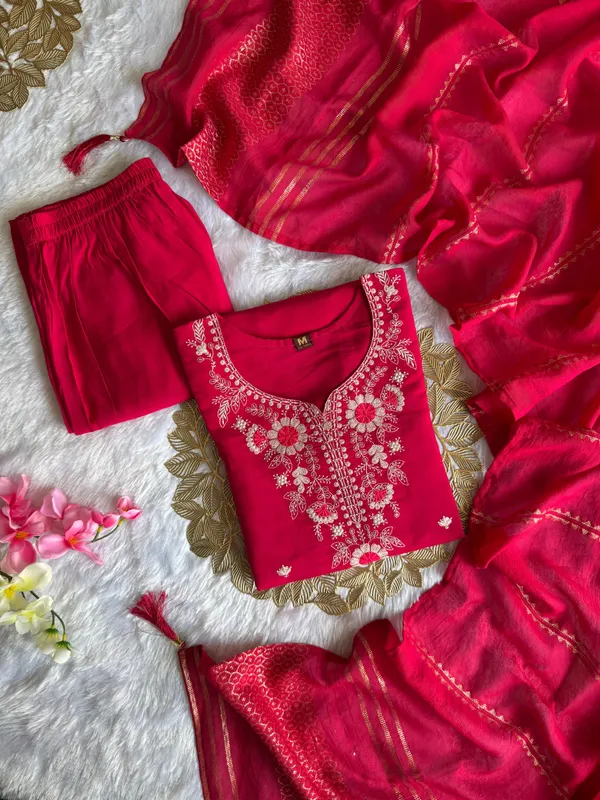 Hot_Pink_Roman_Silk_Embroidered_Kurti_Set_With_Cotton_Silk_Dupatta_For_Women