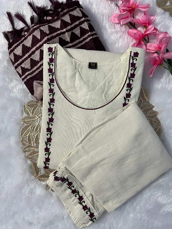 Off-White_Khadi_Cotton_Kurta_Set_With_Maroon_Printed_Dupatta_For_Women
