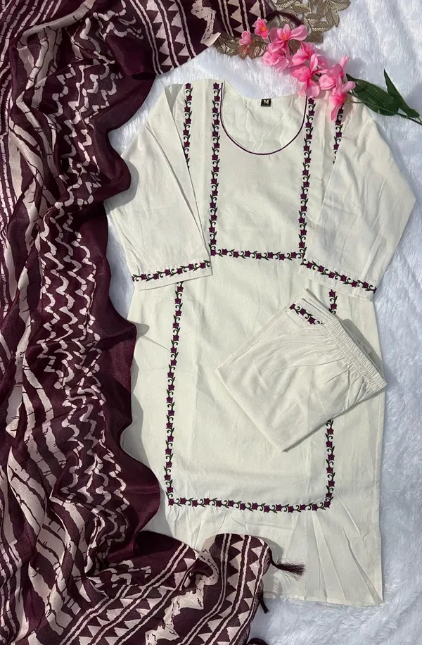 Off-White_Khadi_Cotton_Kurta_Set_With_Maroon_Printed_Dupatta_For_Women