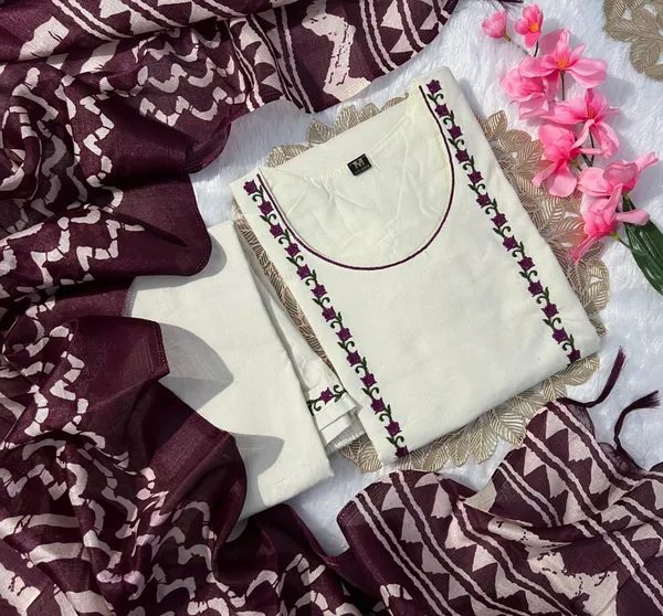 Off-White_Khadi_Cotton_Kurta_Set_With_Maroon_Printed_Dupatta_For_Women