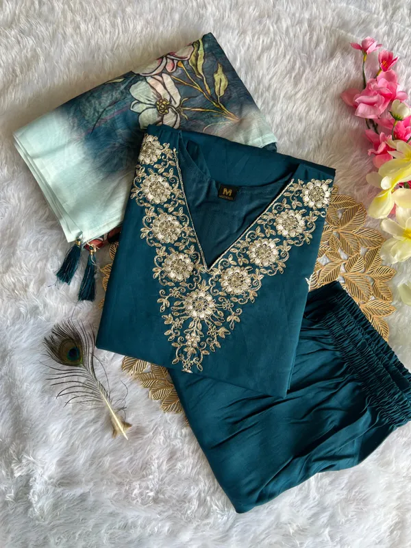 Teal_Bloom_Embroidered_Roman_Silk_Kurti_Set_With_Chanderi_Dupatta_For_Women