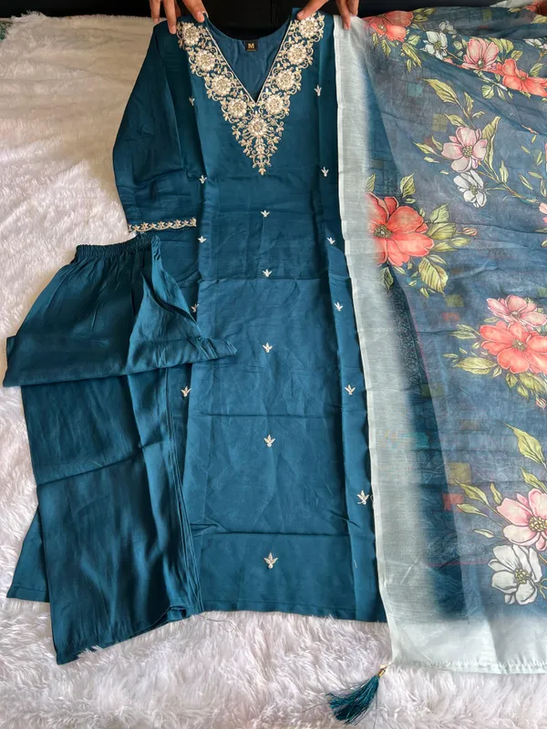 Teal_Bloom_Embroidered_Roman_Silk_Kurti_Set_With_Chanderi_Dupatta_For_Women