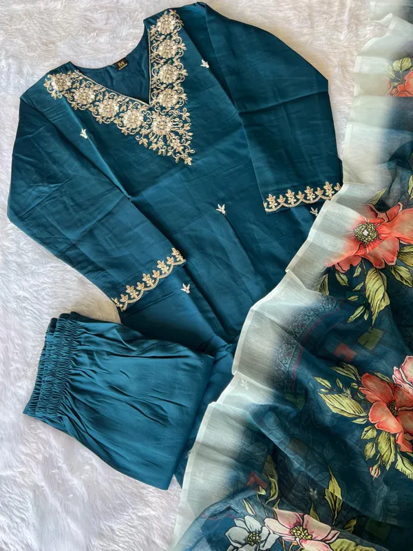 Teal_Bloom_Embroidered_Roman_Silk_Kurti_Set_With_Chanderi_Dupatta_For_Women