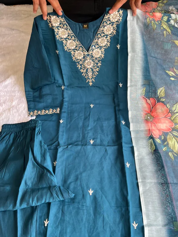 Teal_Bloom_Embroidered_Roman_Silk_Kurti_Set_With_Chanderi_Dupatta_For_Women