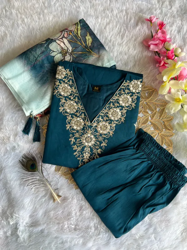 Teal_Bloom_Embroidered_Roman_Silk_Kurti_Set_With_Chanderi_Dupatta_For_Women