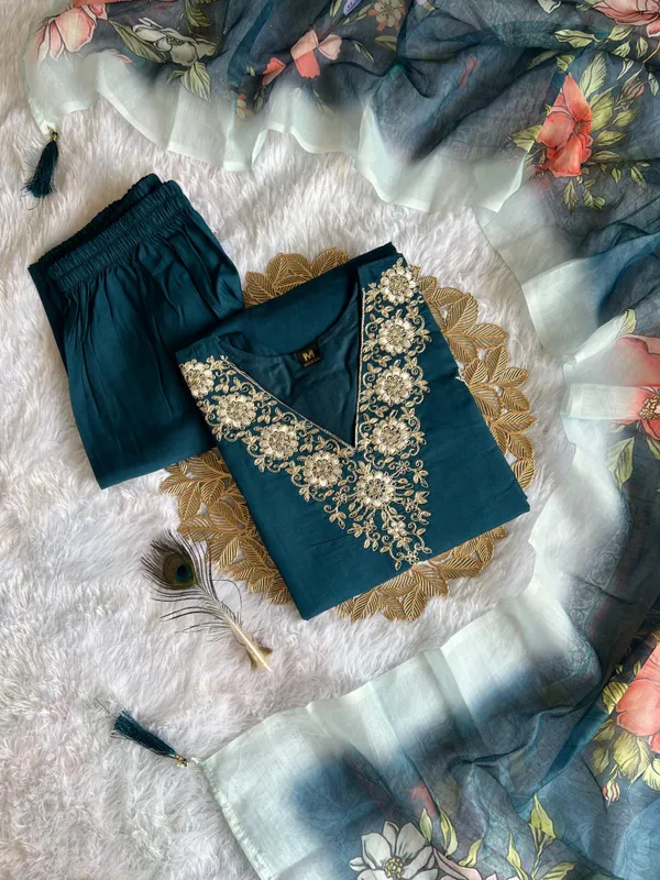 Teal_Bloom_Embroidered_Roman_Silk_Kurti_Set_With_Chanderi_Dupatta_For_Women