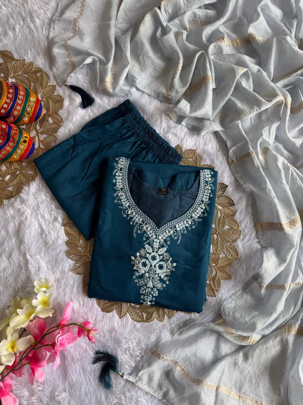 Teal_Blue_Roman_Silk_Embroidered_Kurti_Set_With_Cotton_Silk_Dupatta_For_Women