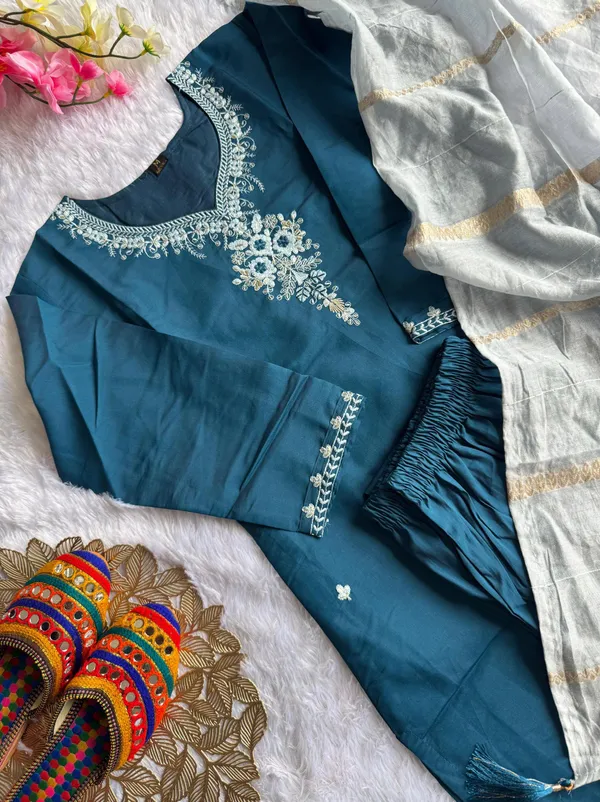Teal_Blue_Roman_Silk_Embroidered_Kurti_Set_With_Cotton_Silk_Dupatta_For_Women