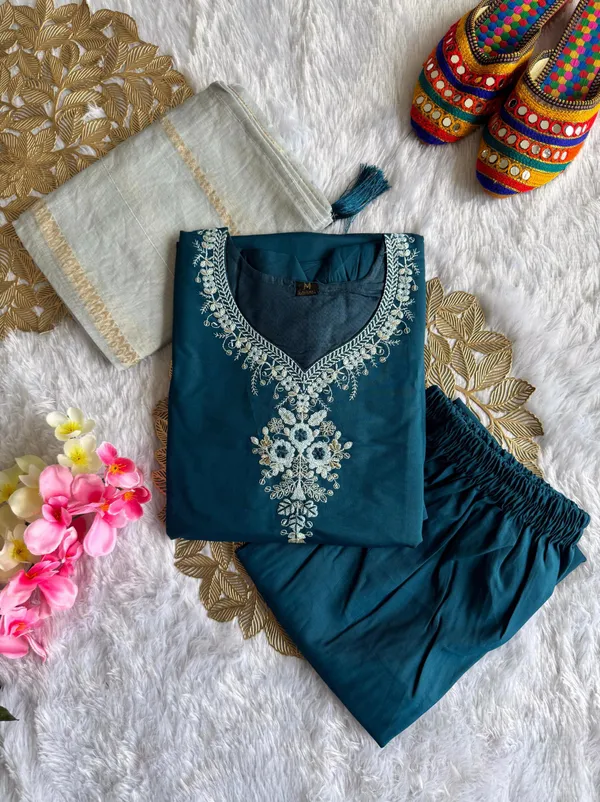 Teal_Blue_Roman_Silk_Embroidered_Kurti_Set_With_Cotton_Silk_Dupatta_For_Women