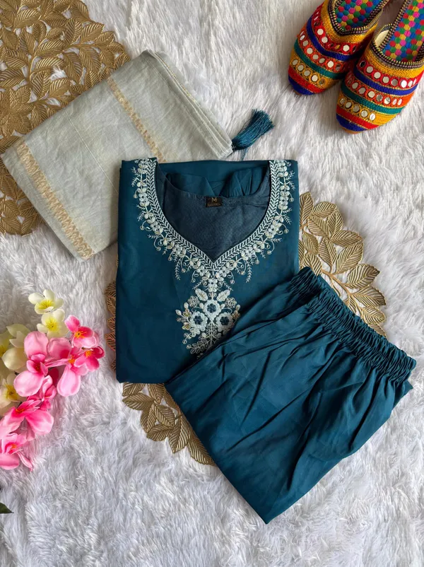 Teal_Blue_Roman_Silk_Embroidered_Kurti_Set_With_Cotton_Silk_Dupatta_For_Women