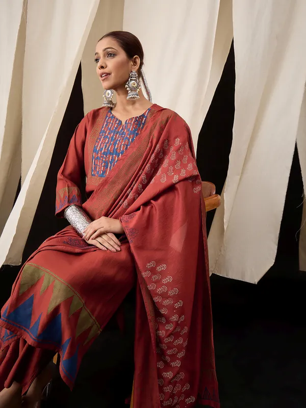 Maroon_Chanderi_Handblock_Print_Kurta_Set_with_Dupatta
