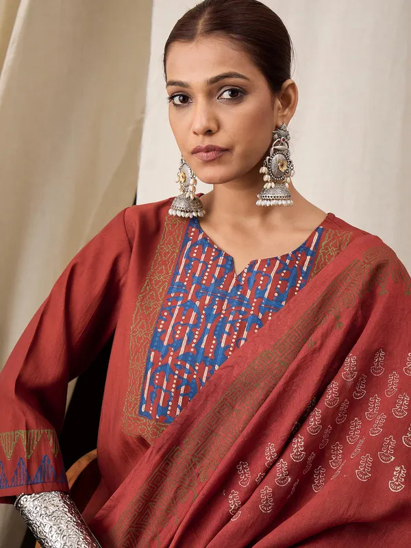 Maroon_Chanderi_Handblock_Print_Kurta_Set_with_Dupatta