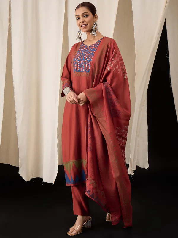 Maroon_Chanderi_Handblock_Print_Kurta_Set_with_Dupatta